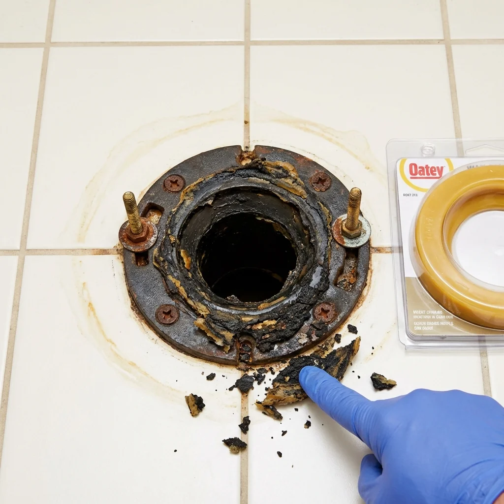 Failed wax ring showing water seepage at the base of a toilet in a Yauco, PR home