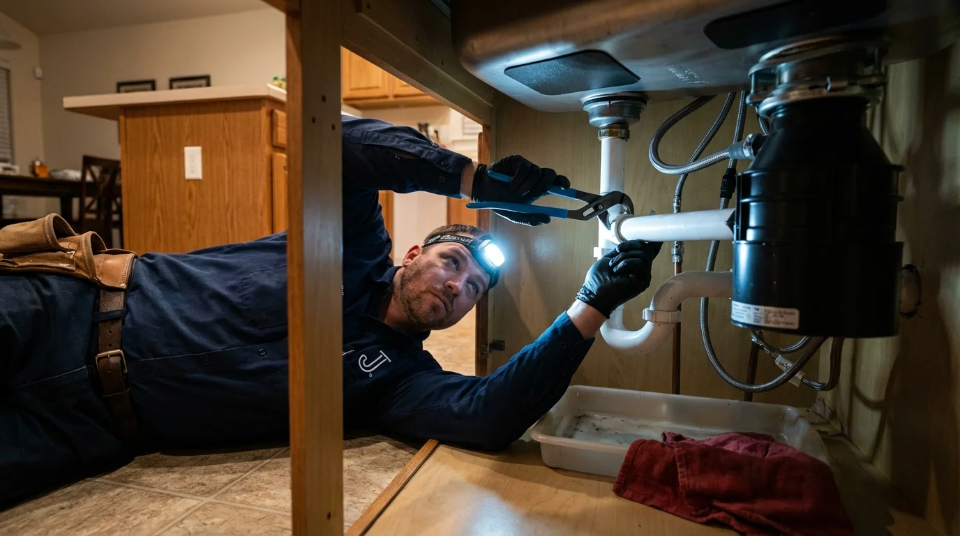 P-trap and supply line connections under a kitchen sink showing a common leak point in Yauco, PR